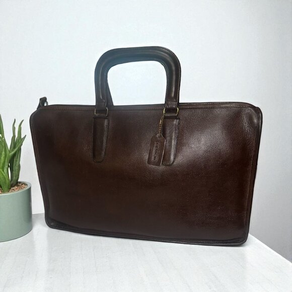 VTG Coach Handle Portfolio 5050 Mocha Leather Brass Early 80s NYC Glue In + Tag - Picture 1 of 8